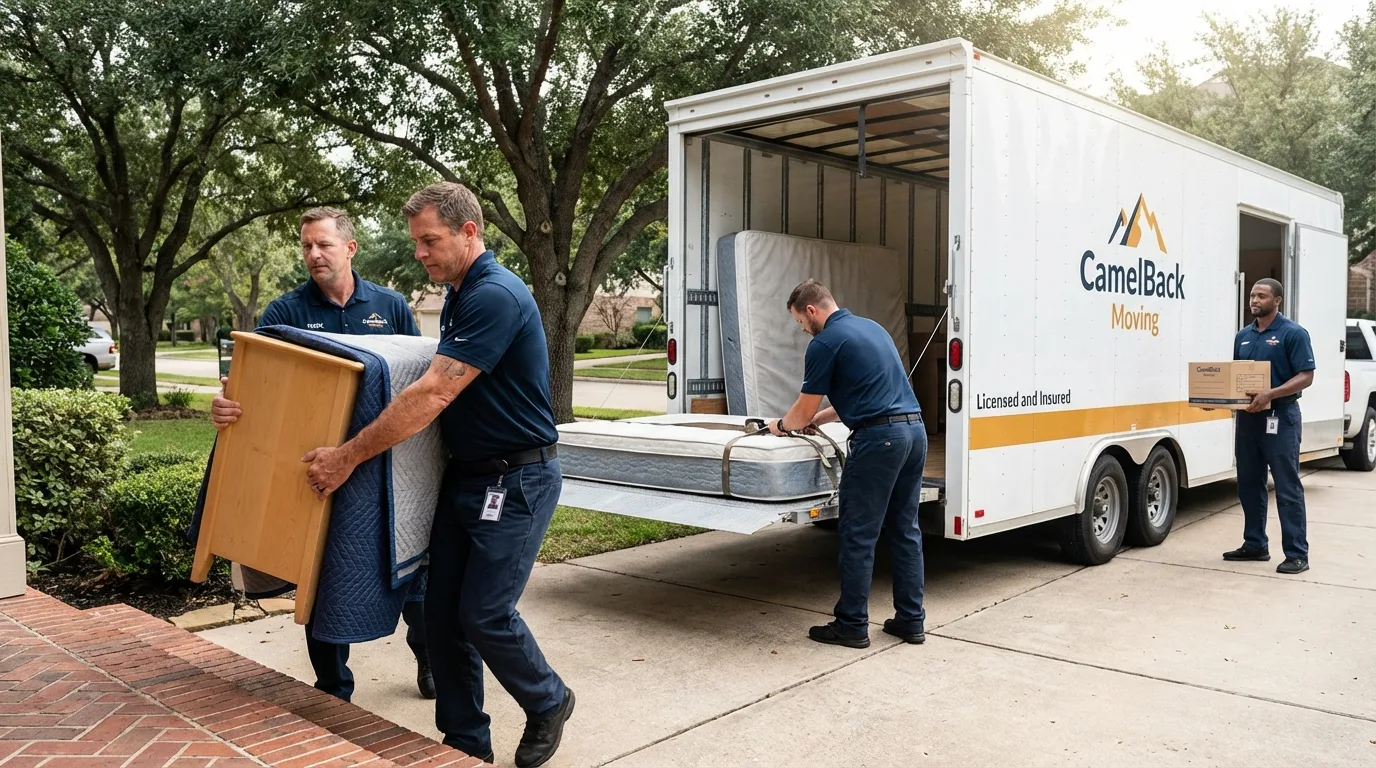 Crew loading residential truck for cross-state move from Bellevue, IA