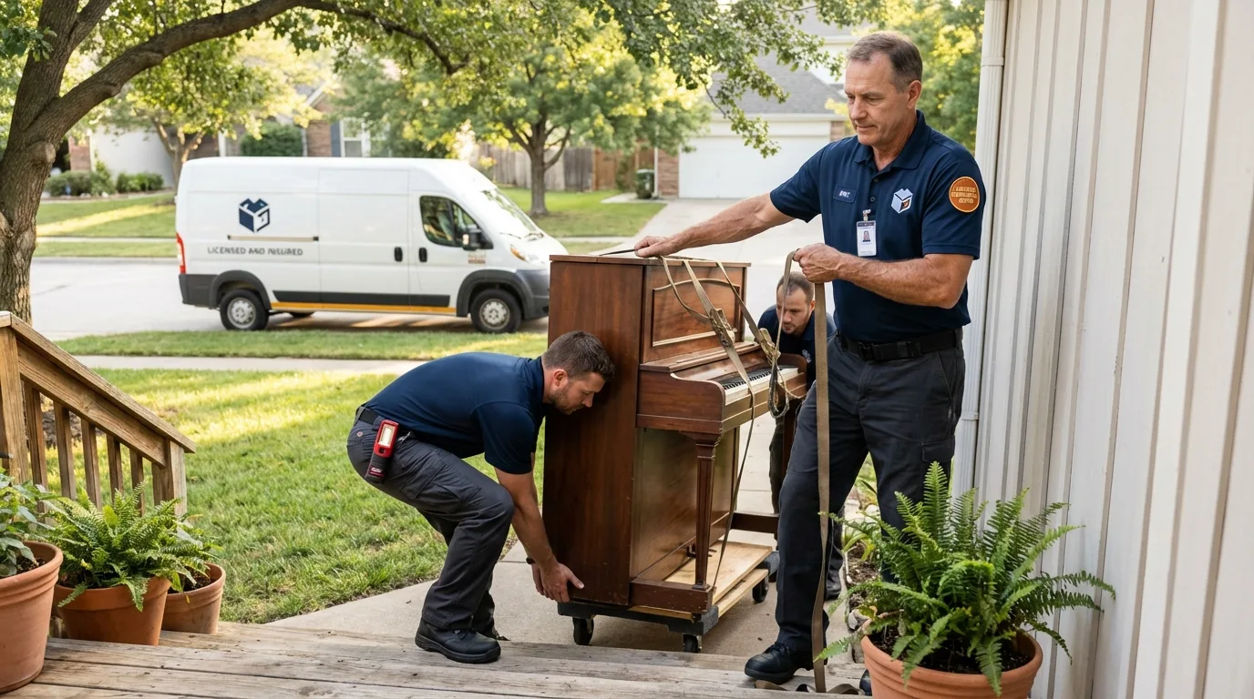 Licensed piano movers securing grand piano in Bellevue, IA