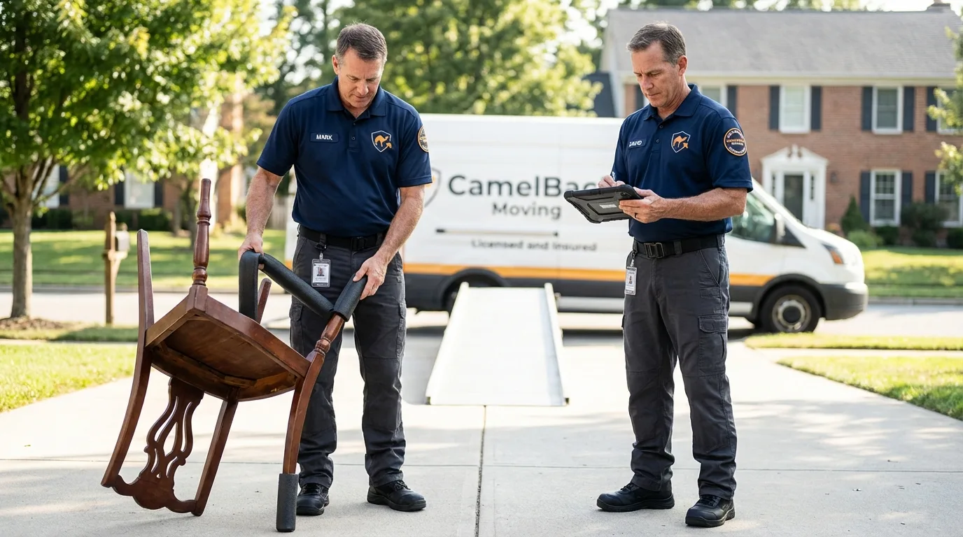 Movers inspecting furniture for damage prevention before loading in Bellevue, IA