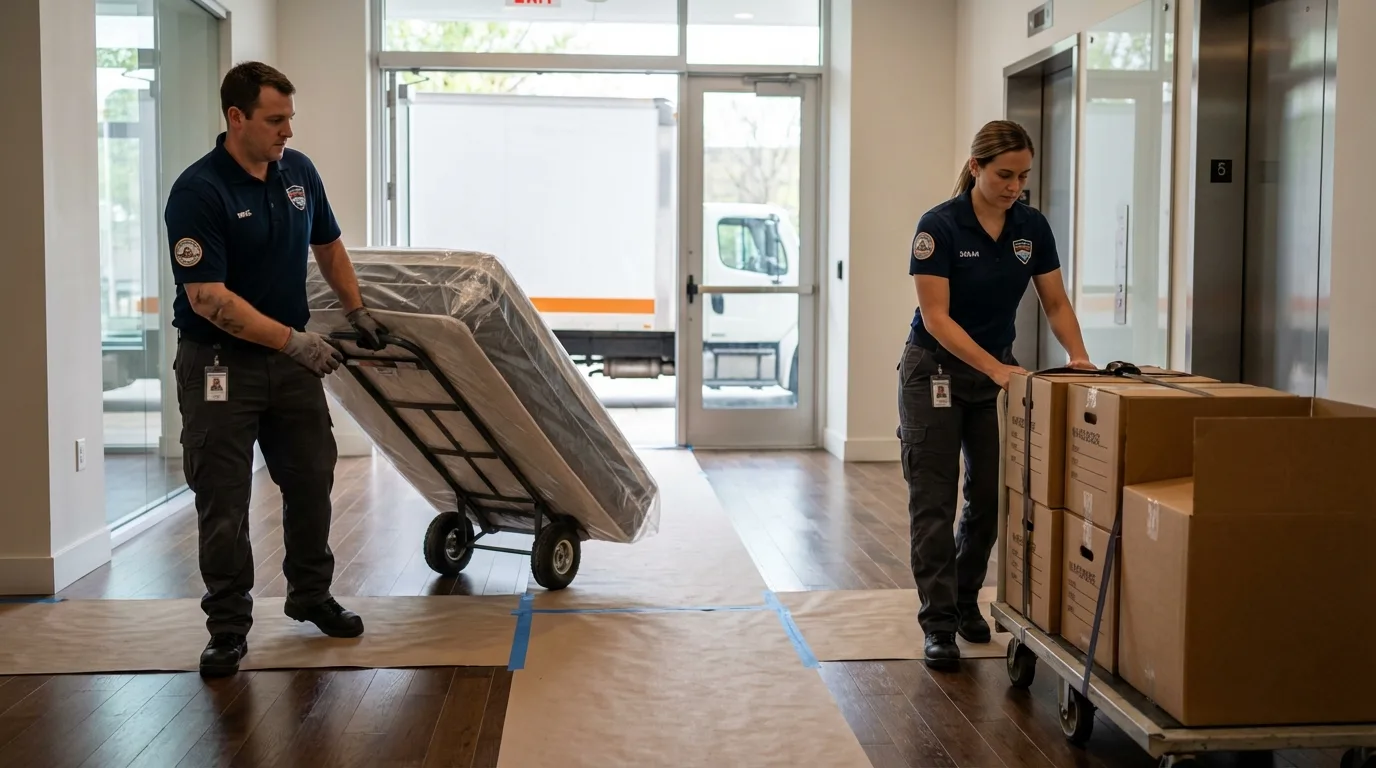 Professional apartment movers loading elevator in Bellevue, IA