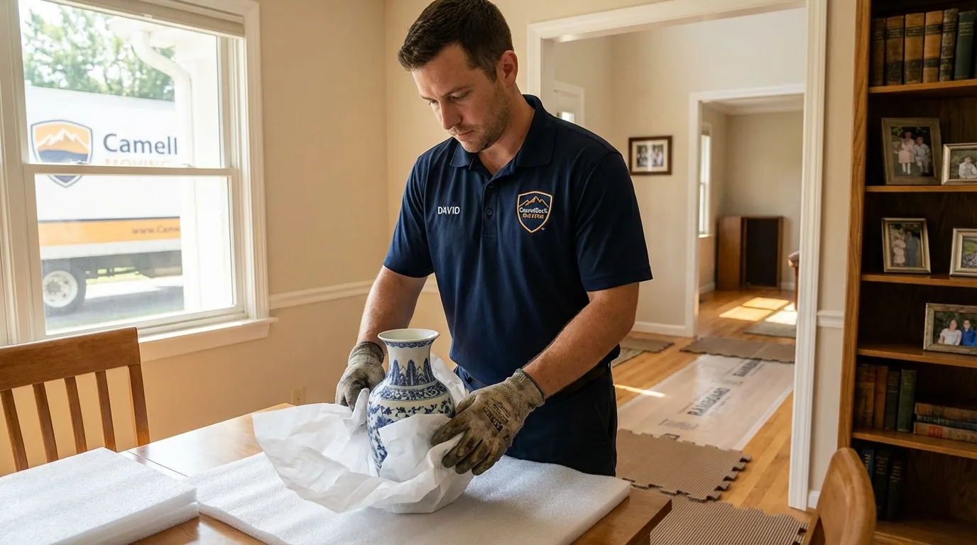 Professional crew carefully wrapping antique vase for senior downsizing move in Bellevue, IA